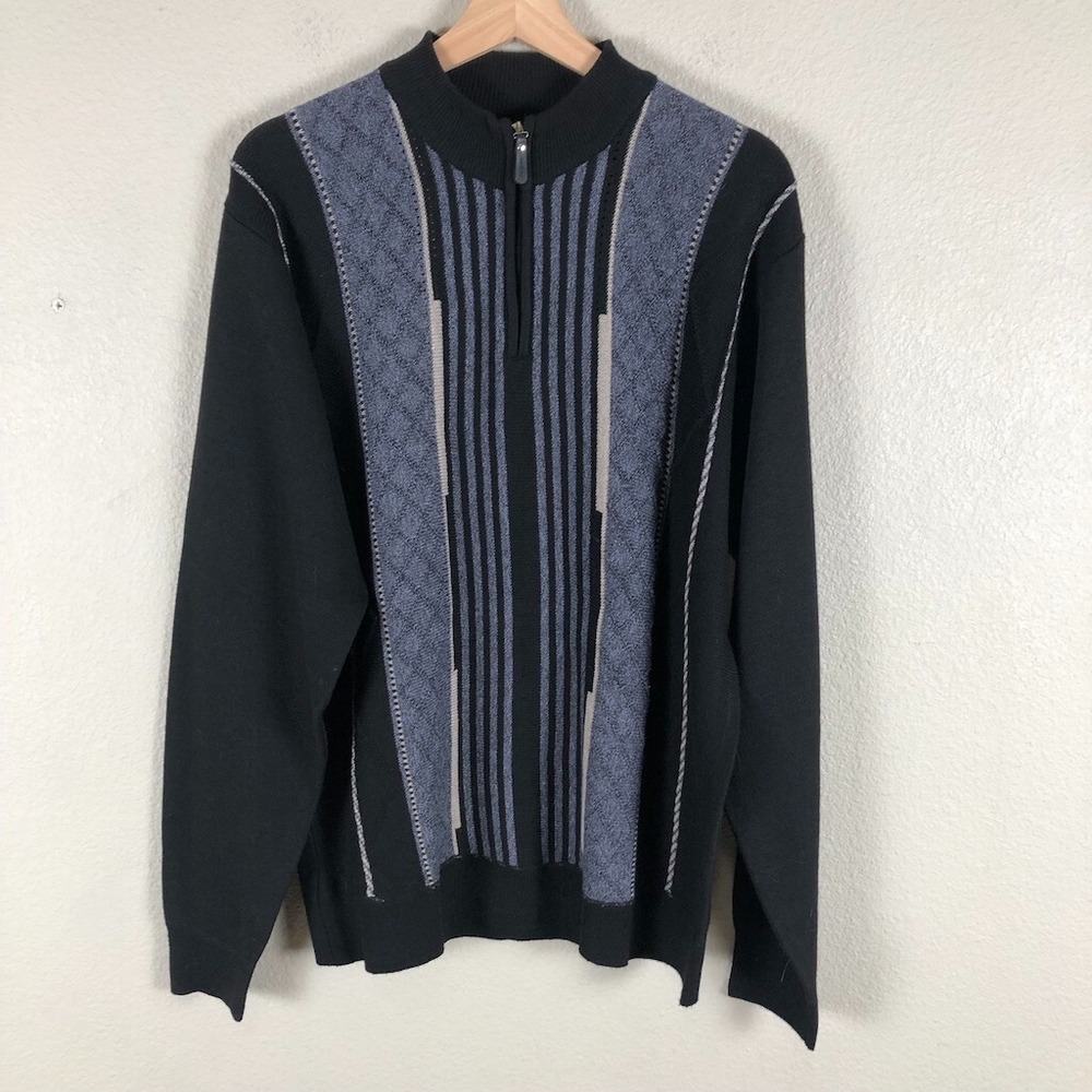Chereskin 90s Vintage Style Sweater Mens L Black Blue Geometric Print 1/4 Zip‎